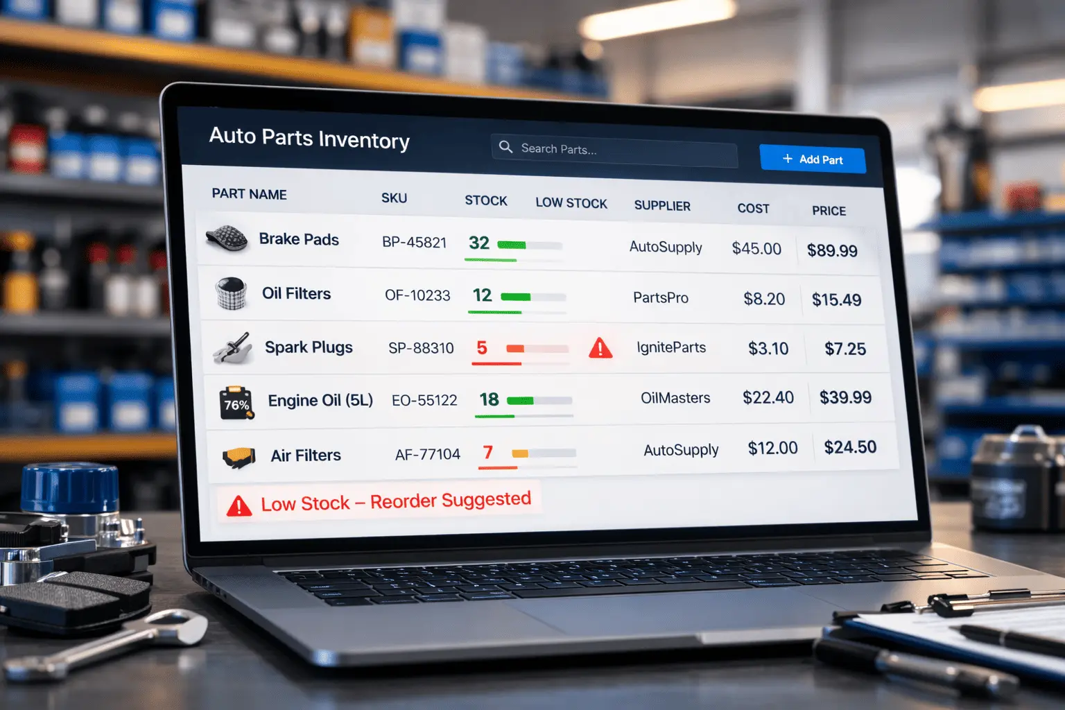 Smart auto parts inventory control dashboard for auto repair shops