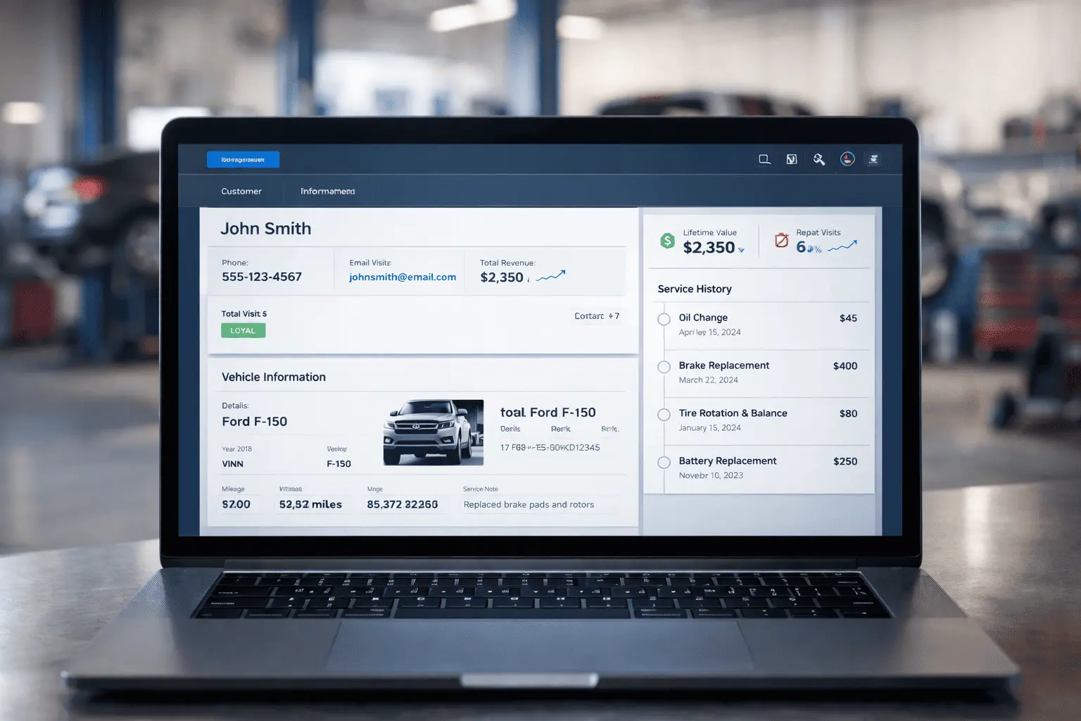 Garage customer management system with service history tracking