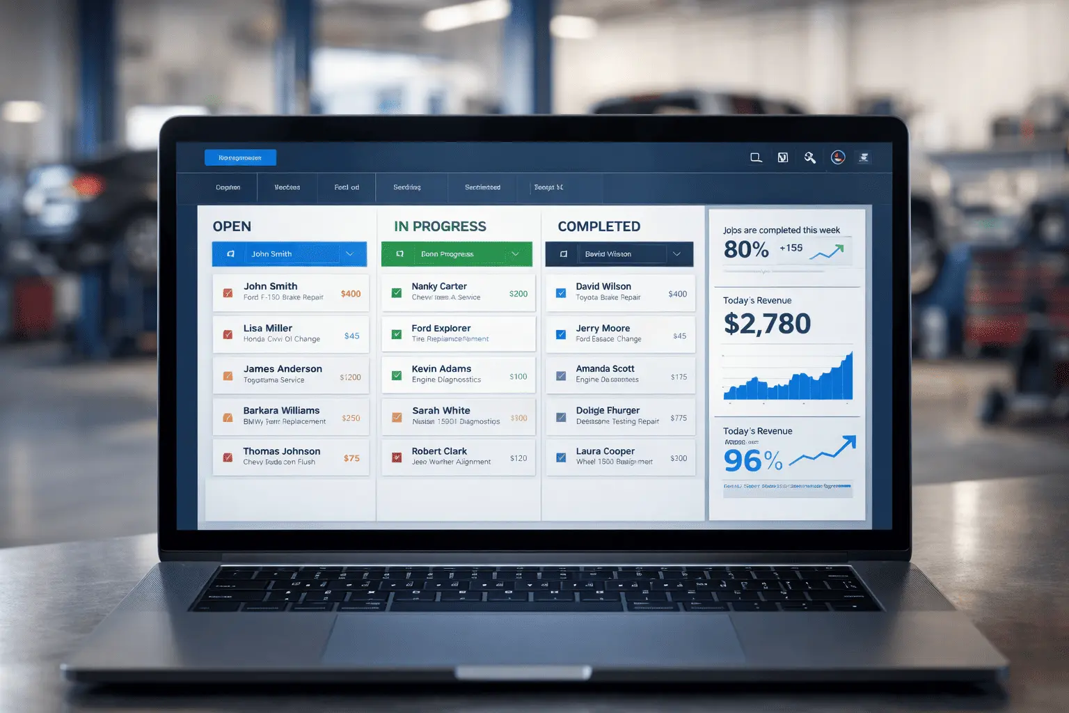 Auto repair shop work order management system from check-in to delivery