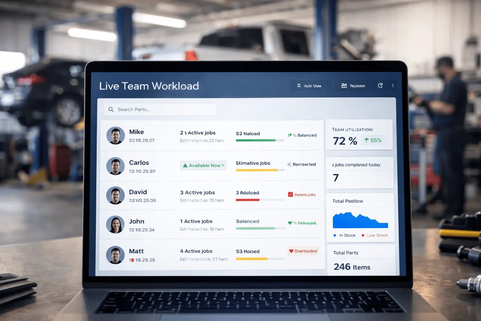 Garage staff workload visibility dashboard for small auto repair shops